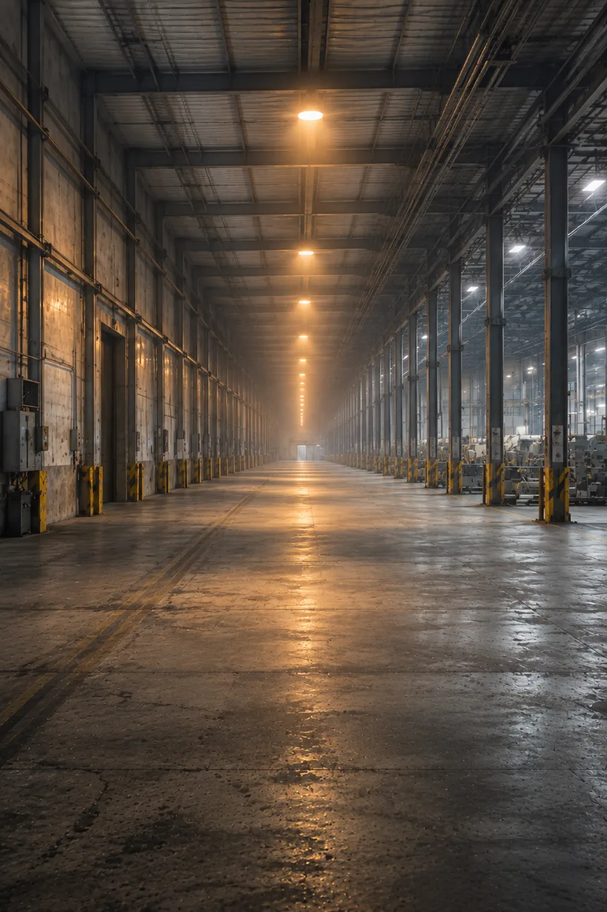 Halle industrielle en enfilade, illustrant la portée longue distance