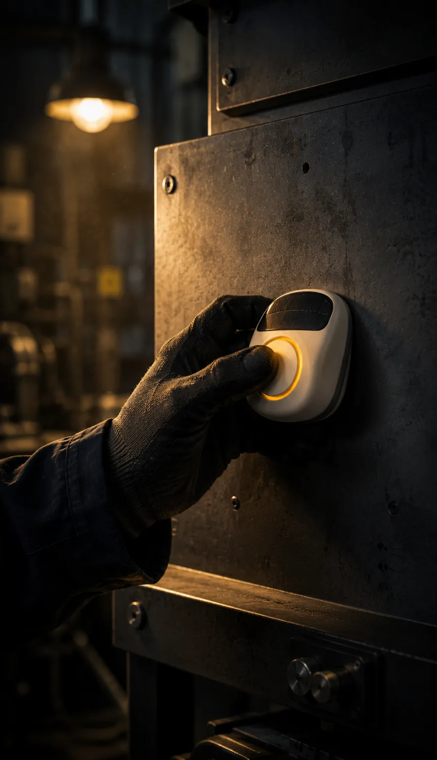 Main gantée pressant le bouton SUN-Link fixé sur une machine