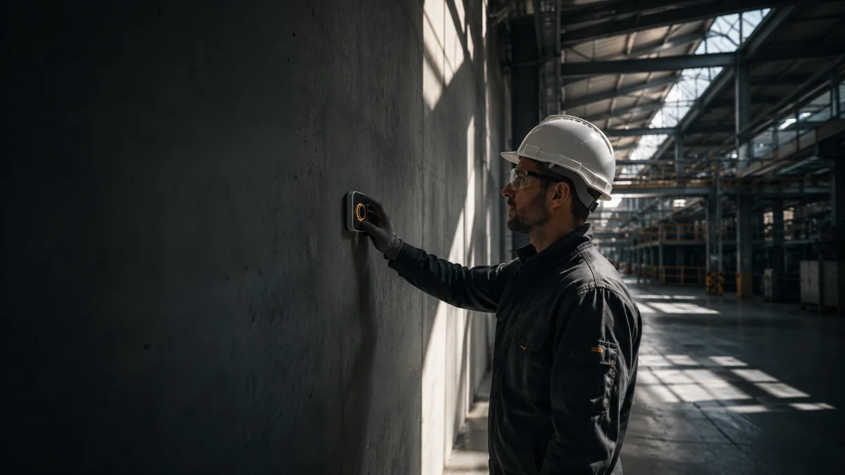 Technicien posant un bouton SUN-Link sur un mur en béton